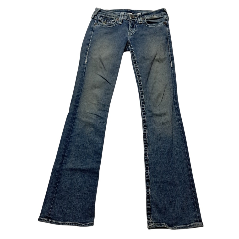 True Religion Y2K Jeans Womens 26 Blue Becky Big T Flare Low Rise Thick Stitch